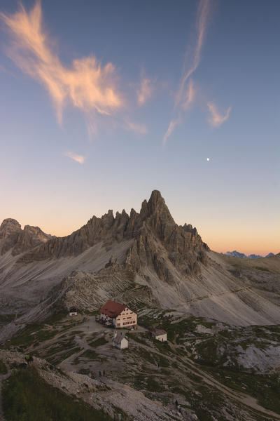 Mount Paterno and Locatelli Refuge at sunset, Bolzano Province, Trentino Alto Adige, Italy.