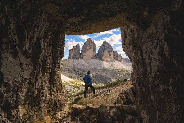 Three peaks of Lavaredo views from a cave, Bolzano Province, Trentino Alto Adige, Italy.