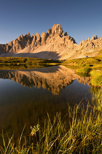 Mount paterno reflection at dawn, Bolzano Province, Trentino Alto Adige, Italy.