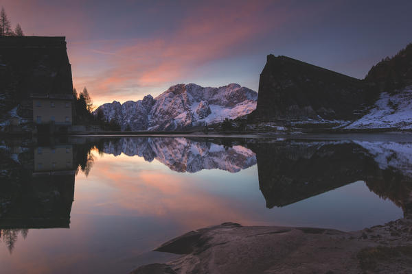 Gleno dam at dawn, Bergamo province, Lombardy district, Italy, Europe.