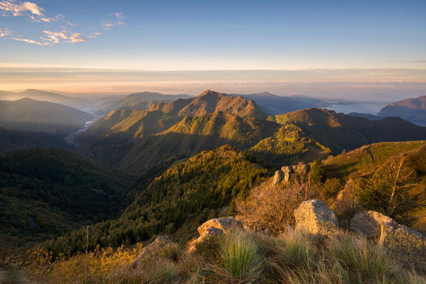 Iseo lake view from Mount Guglielmo at dawn, Brescia province, Lombardy district, Italy, Europe.