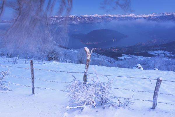 Snowy lake, Iseo lake, Brescia province, Lombardy district, Italy, Europe.