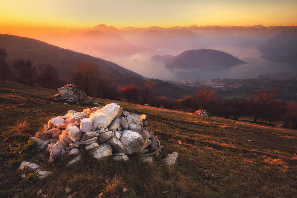 Iseo lake at sunset, Brescia province, Italy, Lombardy district.