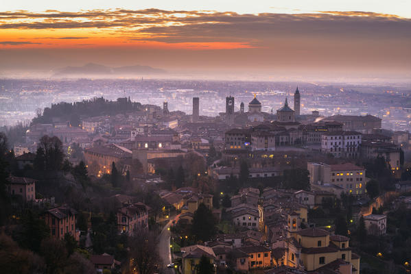 Sunrise in Città Alta, Bergamo, Bergamo province, Lombardy district, Italy, Europe.