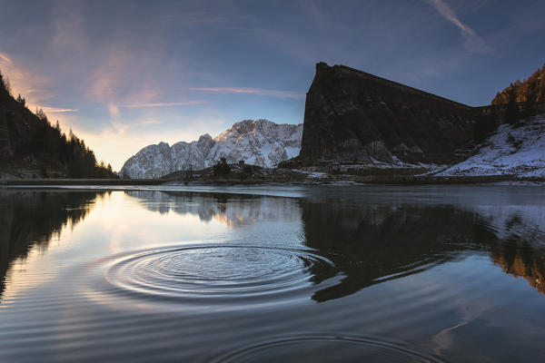 Sunrise in Gleno dam, Scalve valley, Lombardy district, Bergamo province, Italy, Europe.