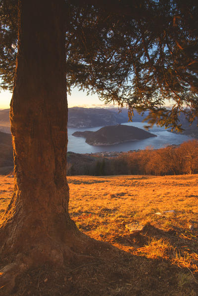 Iseo lake at sunset view from Colmi of Sulzano, Brescia province, Italy, Lombardy district.