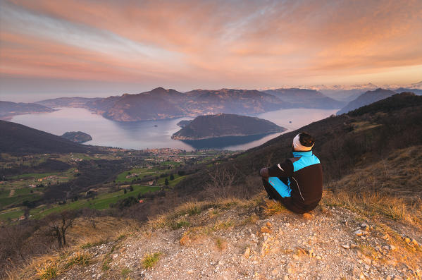 Iseo lake and montisola at sunrise, Brescia province, Italy, Lombardy district, Europe.