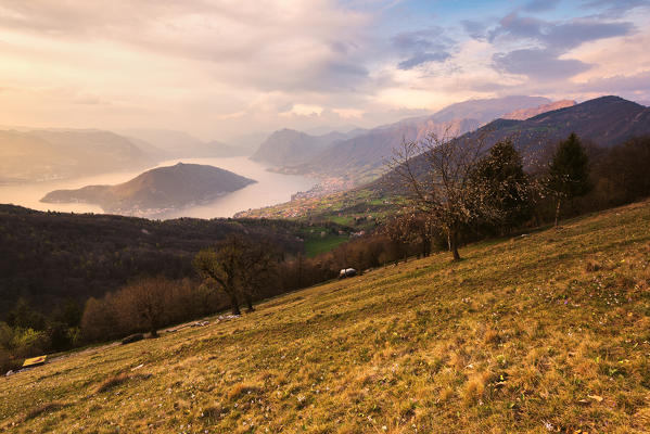 Sunset over Iseo lake and Montisola, Brescia province, Italy, Lombardy district, Europe.