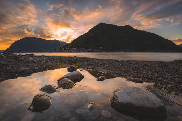 Montisola and Iseo lake at sunset, Brescia province, Lombardy district, Italy, Europe