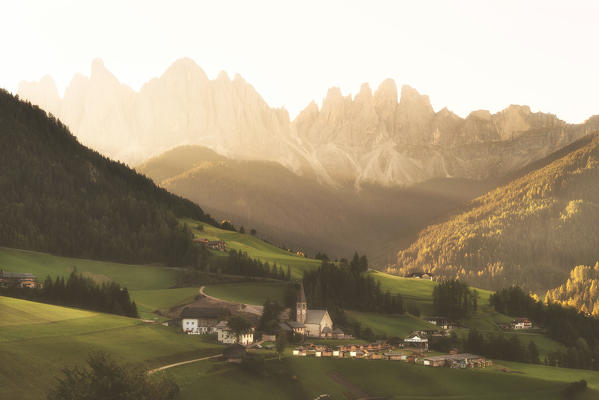 Sankt Magdalena at Sunrise in Funes valley, Odle Natural park in Trentino Alto Adige district, Italy, Bolzano province, Europe.