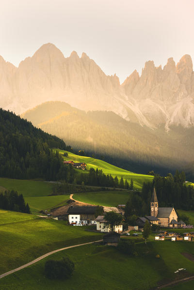 Sankt Magdalena at Sunrise in Funes valley, Odle Natural park in Trentino Alto Adige district, Italy, Bolzano province, Europe.