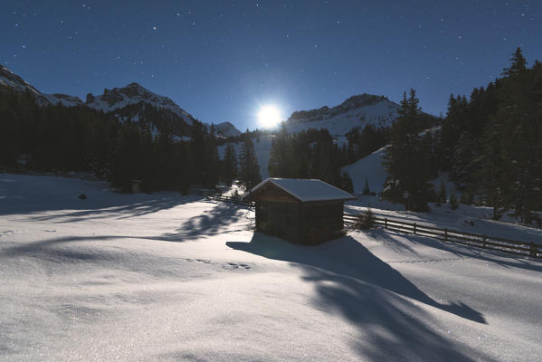 Funes valley at night, Odle Natural park in Trentino Alto Adige district, Italy, Bolzano province, Europe.