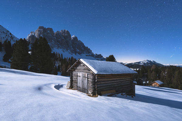 Funes valley at night, Odle Natural park in Trentino Alto Adige district, Italy, Bolzano province, Europe.