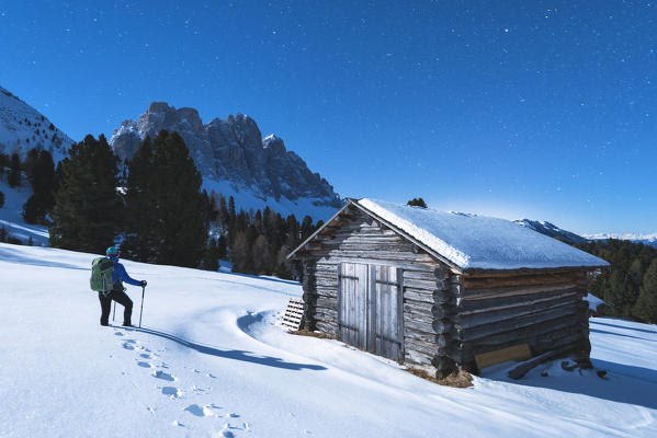 Funes valley at night, Odle Natural park in Trentino Alto Adige district, Italy, Bolzano province, Europe.