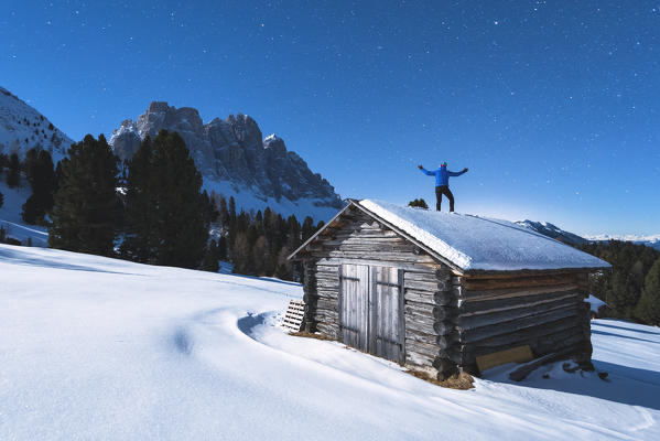 Funes valley at night, Odle Natural park in Trentino Alto Adige district, Italy, Bolzano province, Europe.