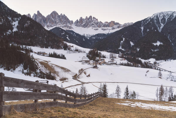 Sankt Magdalena in a winter sunrise in Funes valley, Odle Natural park in Trentino Alto Adige district, Italy, Bolzano province, Europe.