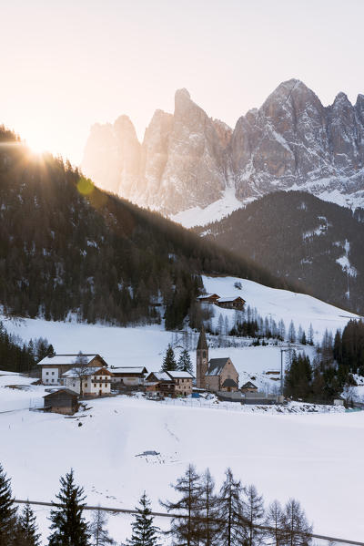 Sankt Magdalena in a winter sunrise in Funes valley, Odle Natural park in Trentino Alto Adige district, Italy, Bolzano province, Europe.