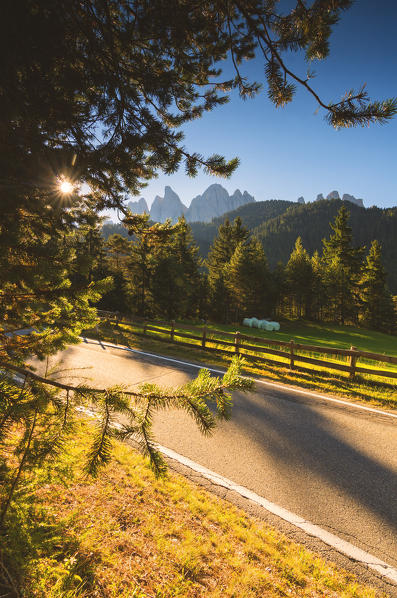 Sankt Magdalena at Sunrise in Funes valley, Odle Natural park in Trentino Alto Adige district, Italy, Bolzano province, Europe.