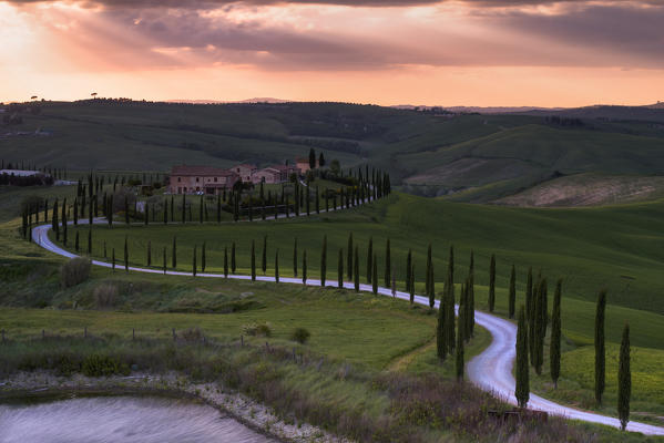 Baccoleno Farmhouse at Sunset, Asciano, Crete Senesi, Siena Province, Italy, Europe.