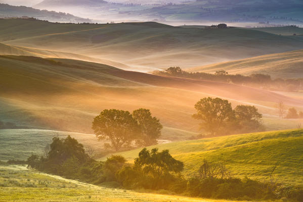 Belvedere Farmhouse at dawn, San Quirico d'Orcia, Orcia Valley, Siena province, Italy, Europe.