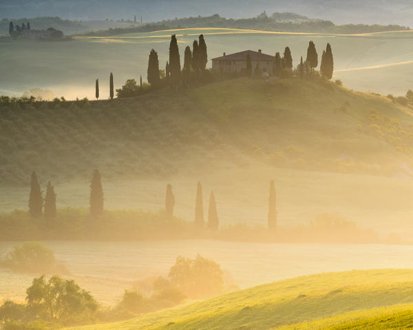 Belvedere Farmhouse at dawn, San Quirico d'Orcia, Orcia Valley, Siena province, Italy, Europe.