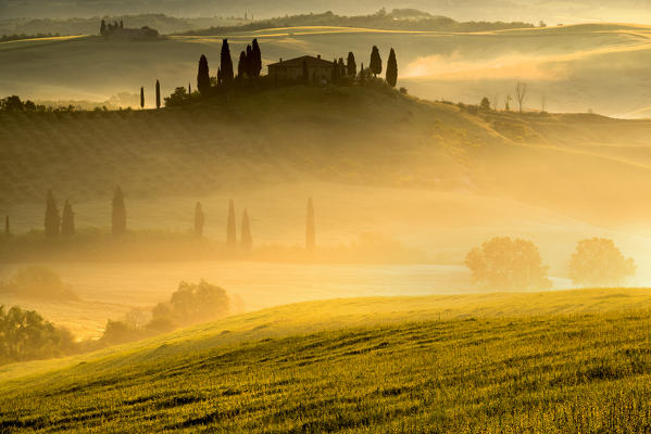 Belvedere Farmhouse at dawn, San Quirico d'Orcia, Orcia Valley, Siena province, Italy, Europe.