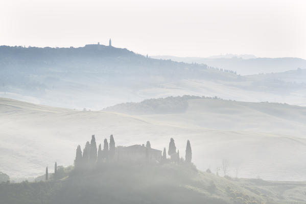 Belvedere Farmhouse at dawn, San Quirico d'Orcia, Orcia Valley, Siena province, Italy, Europe.