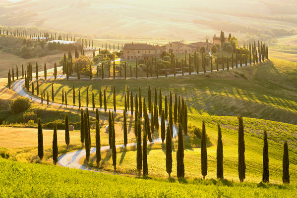 Baccoleno Farmhouse at Sunset, Asciano, Crete Senesi, Siena Province, Italy, Europe.