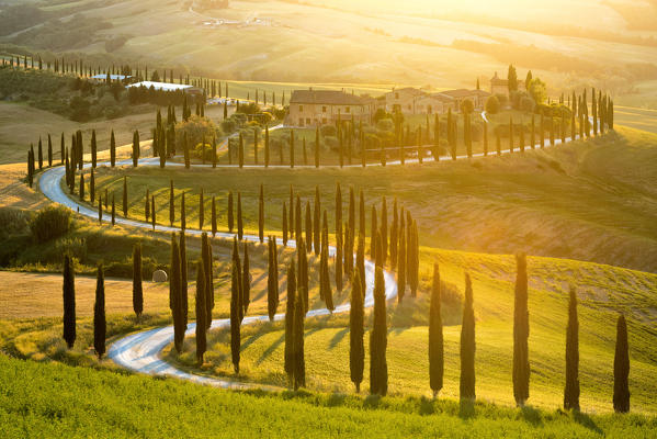 Baccoleno Farmhouse at Sunset, Asciano, Crete Senesi, Siena Province, Italy, Europe.