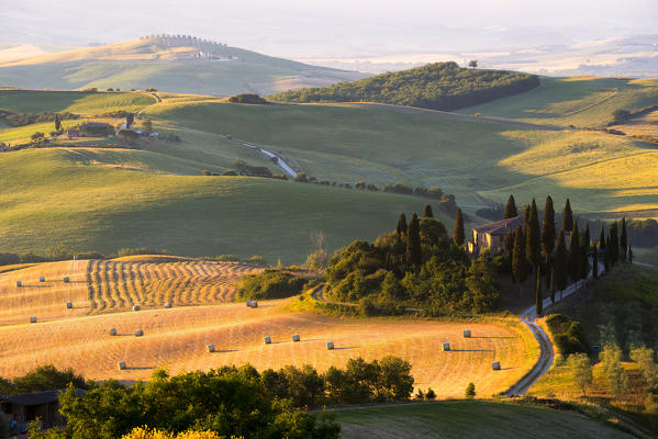 Belvedere Farmhouse at dawn, San Quirico d'Orcia, Orcia Valley, Siena province, Italy, Europe.