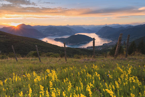 Sunset Over Iseo lake and Montisola, Brescia province in Lombardy district, Italy, Europe.