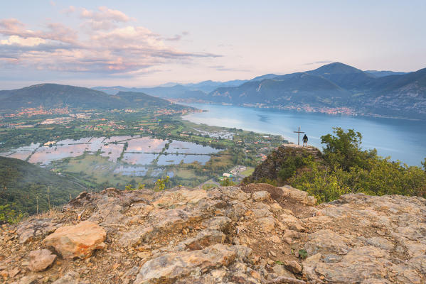 Panoramic view at dawn over Iseo lake, Brescia province in Lombardy district, Italy, Europe.