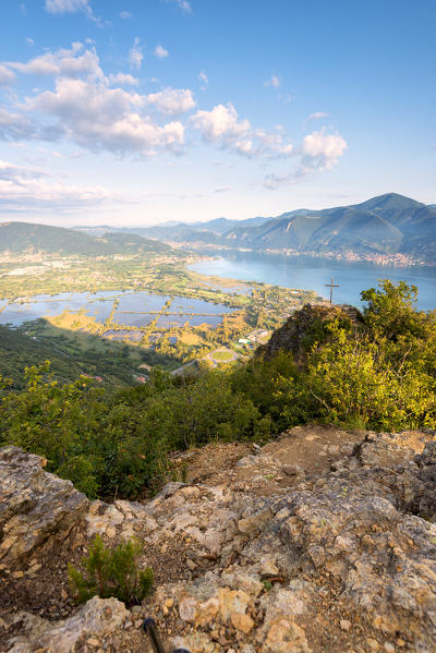 Panoramic view at dawn over Iseo lake, Brescia province in Lombardy district, Italy, Europe.