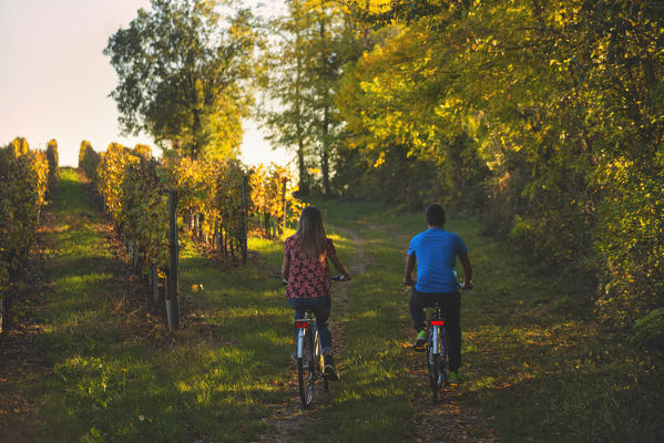 Couple of Bikers in Vineyards, Franciacorta, Province of Brescia, Lombardy, Italy.