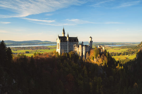 Neuschwanstein Castle in Autumn at sunset Europe, Germany, Bavaria, southwest Bavaria, Fussen, Schwangau