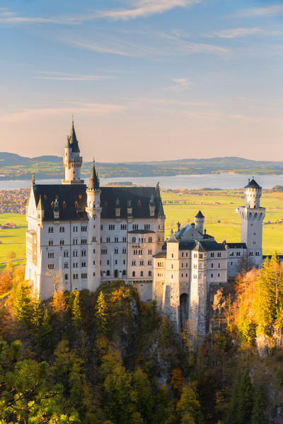 Neuschwanstein Castle in Autumn at sunset Europe, Germany, Bavaria, southwest Bavaria, Fussen, Schwangau