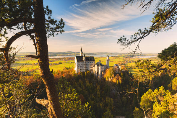 Neuschwanstein Castle in Autumn at sunset Europe, Germany, Bavaria, southwest Bavaria, Fussen, Schwangau