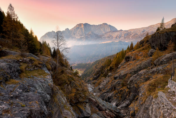 Mount Presolana at dawn in Scalve Valley, Lombardy, Bergamo province, Italy.