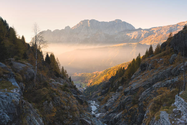 Mount Presolana at dawn in Scalve Valley, Lombardy, Bergamo province, Italy.