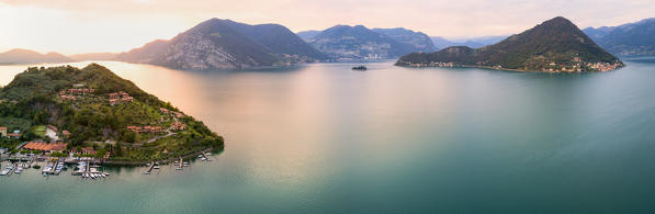 Aerial view from Iseo lake at sunset, Brescia province, Lombardy district, Italy.