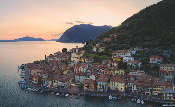 Aerial view from Iseo lake at sunset, Brescia province, Lombardy district, Italy.