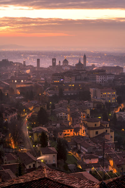 Sunrise in Bergamo Upper Town (città alta), Bergamo City, Province of Bergamo, Lombardy district, Italy, Europe