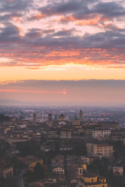 Sunrise in Bergamo Upper Town (città alta), Bergamo City, Province of Bergamo, Lombardy district, Italy, Europe