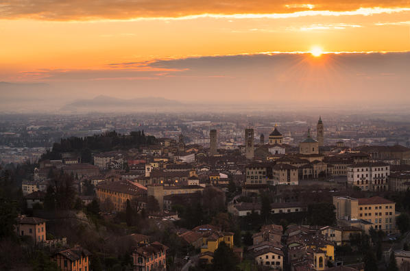 Sunrise in Bergamo Upper Town (città alta), Bergamo City, Province of Bergamo, Lombardy district, Italy, Europe