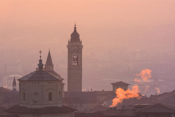 Sunrise in Bergamo Upper Town (città alta), Bergamo City, Province of Bergamo, Lombardy district, Italy, Europe