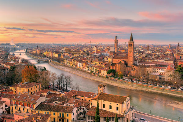 Verona, Veneto, Italy. Panoramic view of Verona from Piazzale Castel San Pietro