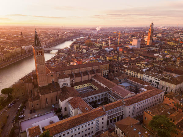 Verona, Veneto, Italy. Aerial view of Verona at dawn.