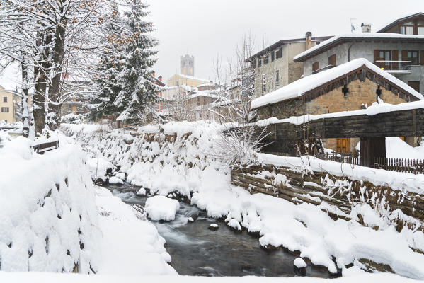 Ponte di Legno under the snowfall, Lombardy district, Brescia province,Italy.