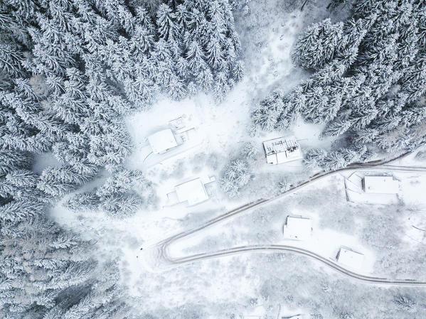 Mountain road aerial view, Lombardy district, Brescia province, Italy.