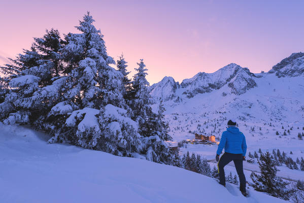 Sunrise in Tonale pass, Lombardy district, Brescia province, Italy, Europe.